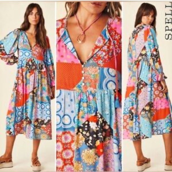 Free People Spell & the Gypsy SZ SM Collective Patchwork Cha Cha Boho Midi Dress - Picture 2 of 15